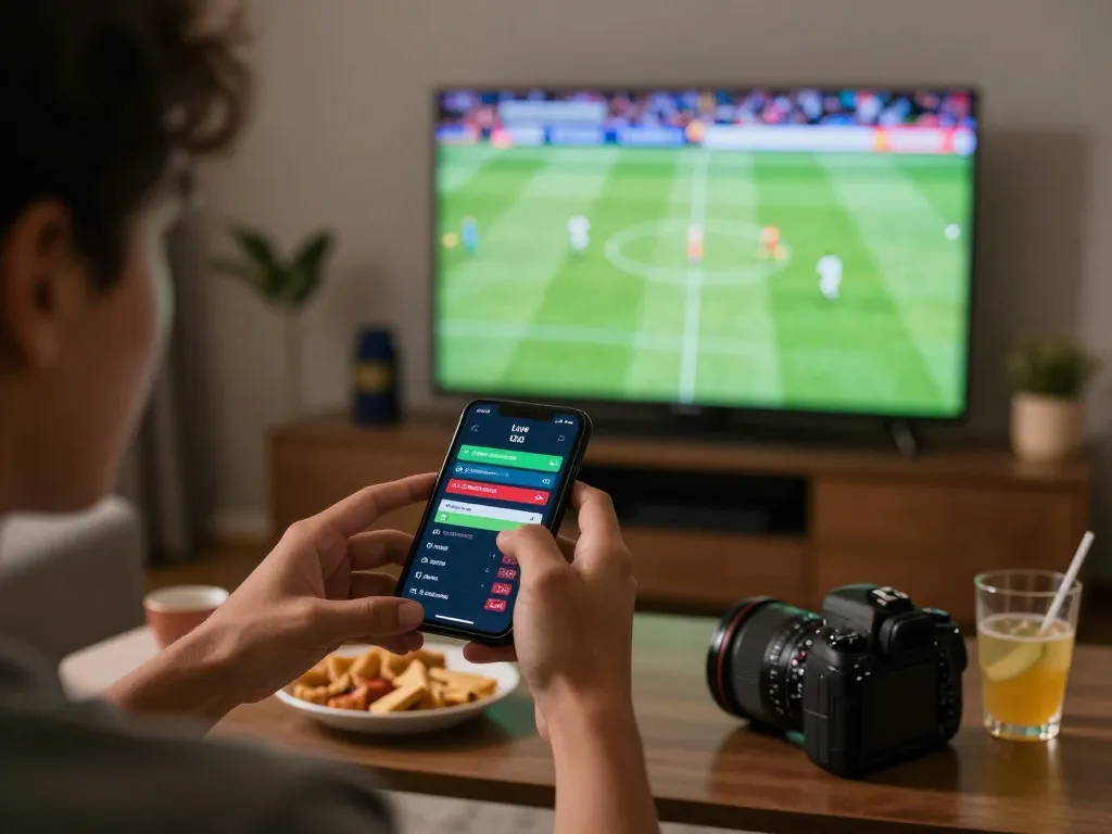 Periksa Skor Langsung di smartphone sambil menonton pertandingan sepak bola di TV dalam pengaturan taruhan olahraga di rumah yang meriah.