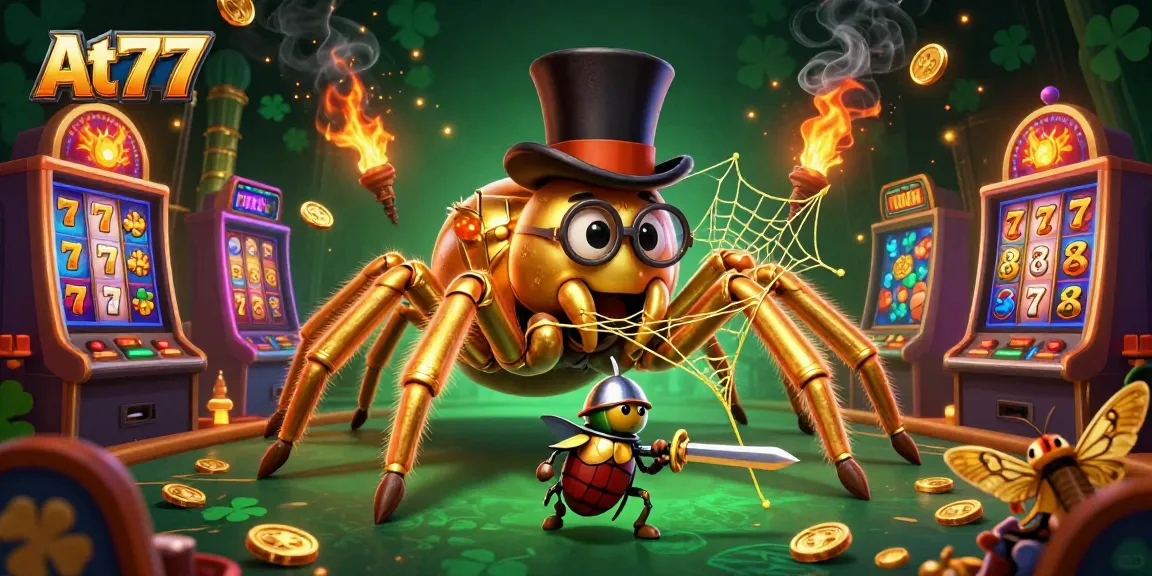 Join the excitement at At77 with this vibrant 3D illustration of a daring beetle knight in a lively casino.