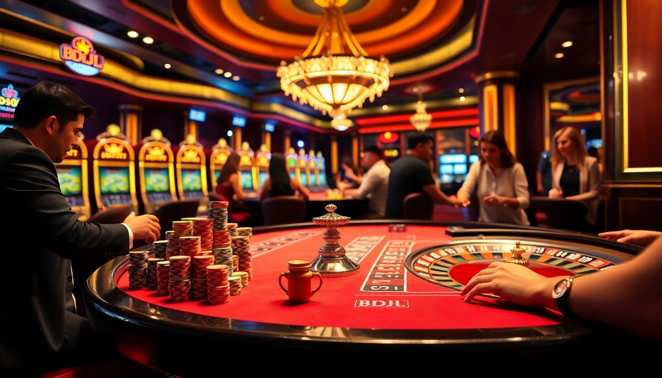 Experience the excitement of BDJL gaming at a vibrant casino table filled with poker chips and players.