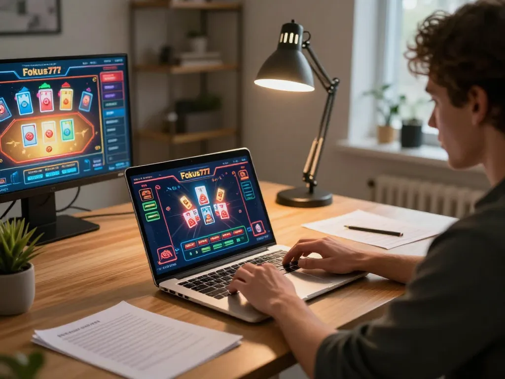 Engaging in Fokus777 online casino gaming from home with vibrant interface and strategic notes.
