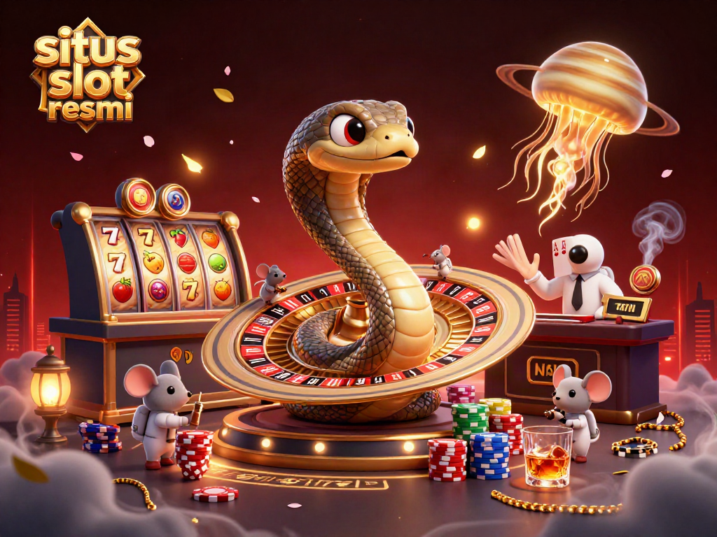 Empat kartu as dan mesin slot berwarna cerah pada situs slot resmi yang penuh kegembiraan.