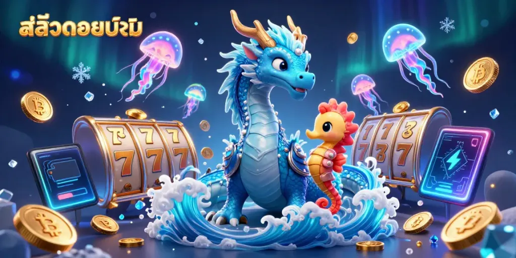 Experience thrillingสล็อตยอดนิยม gameplay with a stunning 3D azure water dragon and vibrant casino elements.