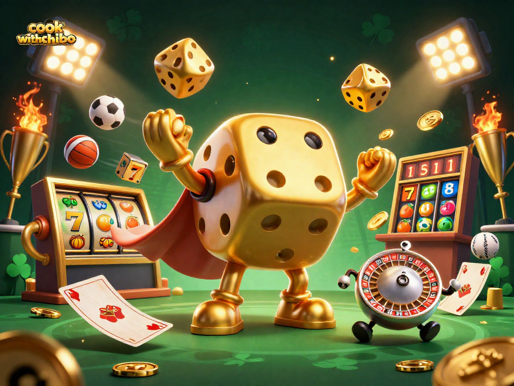 Experience thrilling slots with cookwithchibo's dynamic illustration of golden dice and jackpot elements.