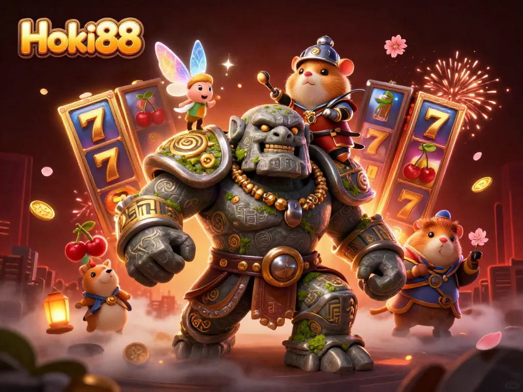 Hoki88 menghadirkan dunia permainan slot dengan golem kuno dan peri magis, bersama simbol jackpot yang mengundang keberuntungan.