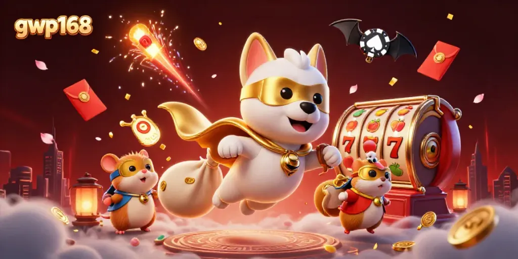 GWP168 menampilkan anjing superhero dan hamster dengan latar belakang dunia judi yang berwarna-warni.
