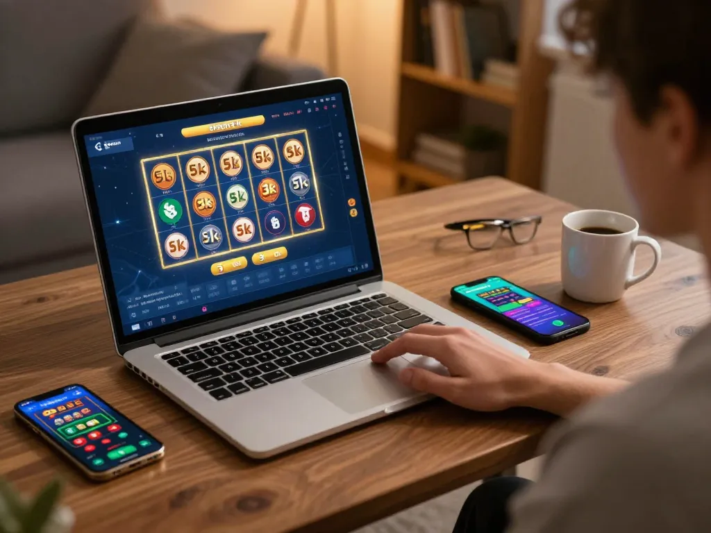 Engaging online gameplay at slot depo 5k with player pressing spin button on laptop in a cozy home setting.
