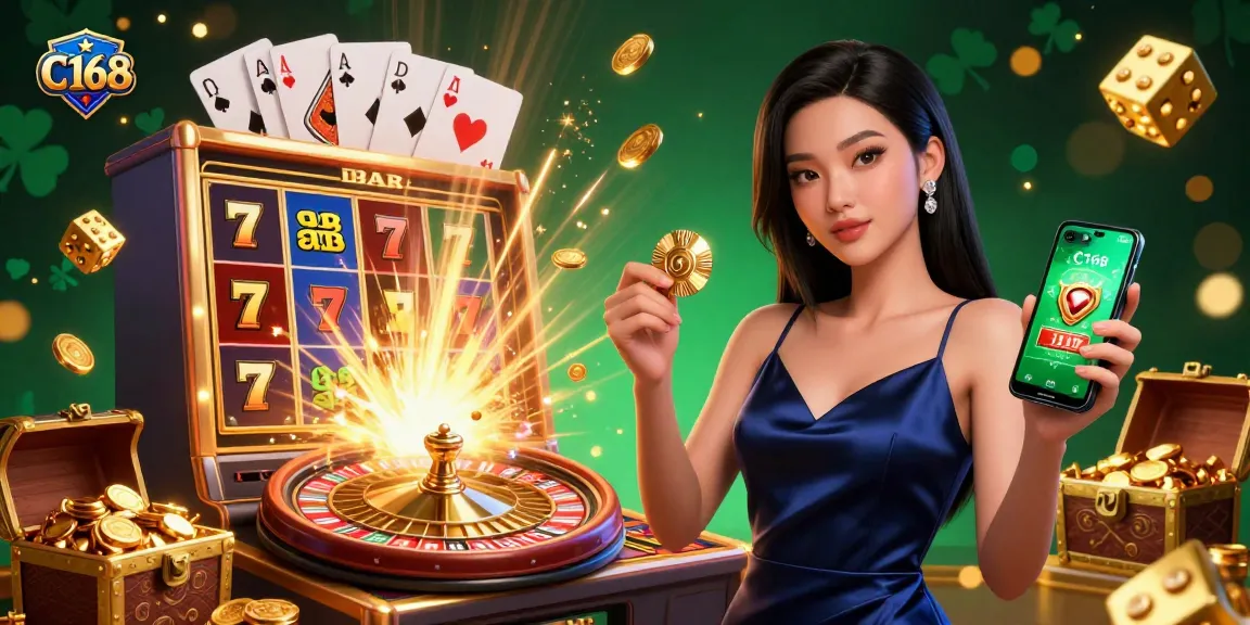 C168 Casino offers thrilling gameplay experiences with a stunning Asian woman showcasing the app and golden chip amid slot machine excitement.