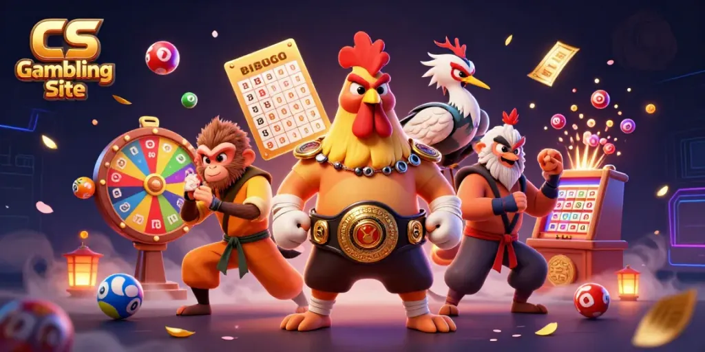 Dynamic scene of a fierce rooster, Shaolin monkey, and wise crane, symbolizing excitement in a CS Gambling Site.