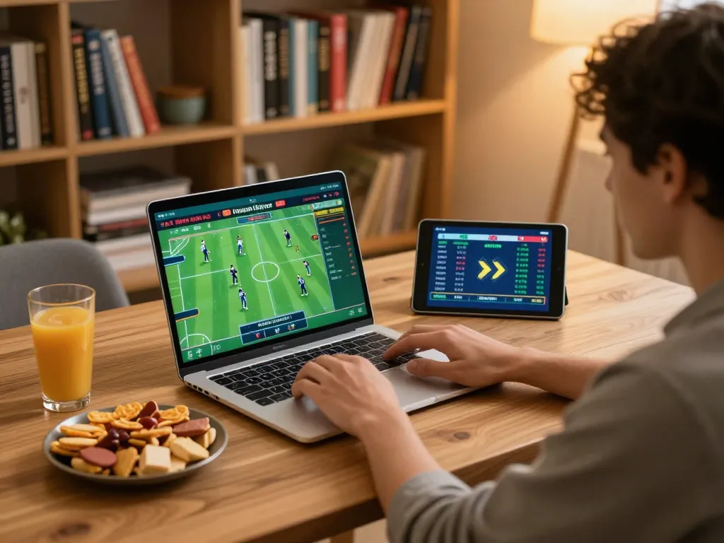 Person using 68win sports betting app on a laptop at home, highlighting engaging gameplay and cozy atmosphere.