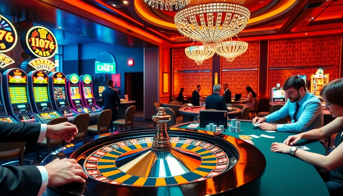 Exciting CK444 gaming environment with roulette, poker, and vibrant slot machines for thrilling online gambling.