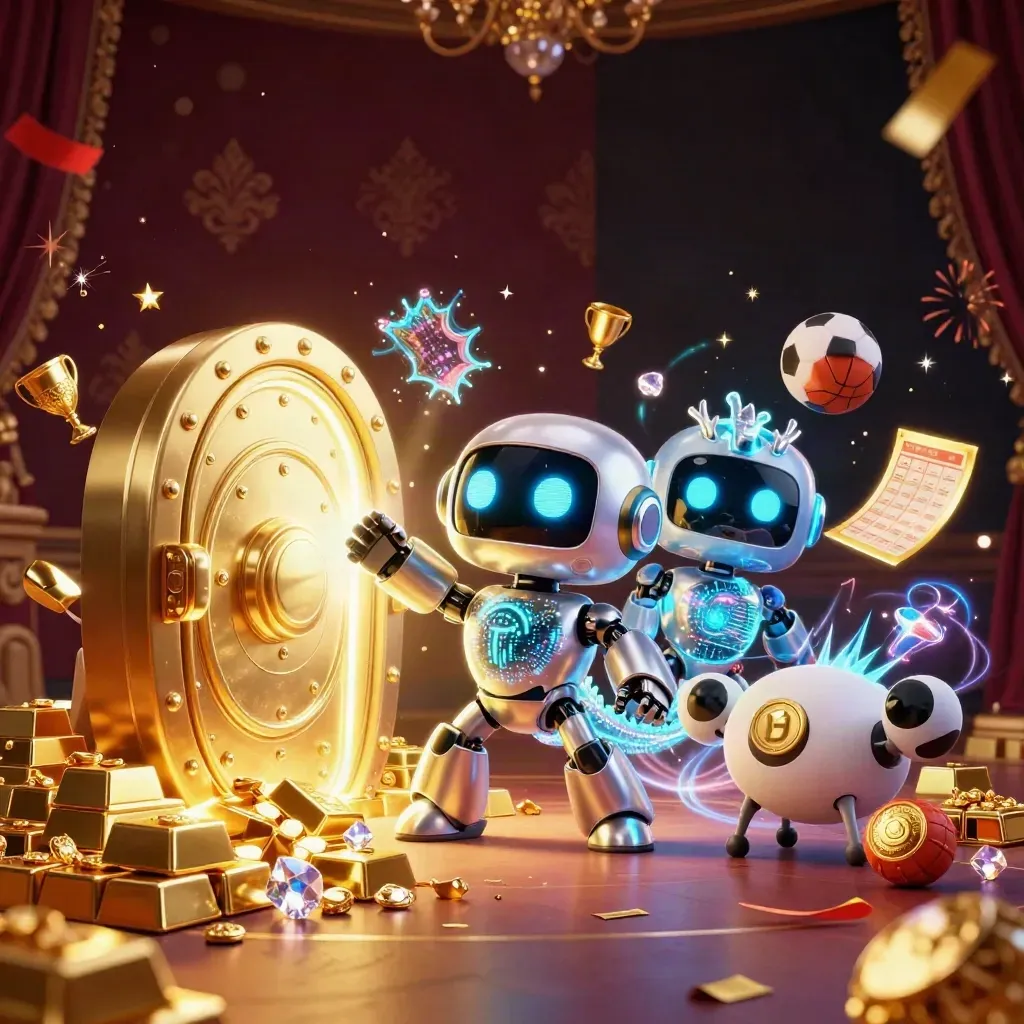 Robot, holographic dragon, and coin drone open a golden vault amid casino treasure and neon light.