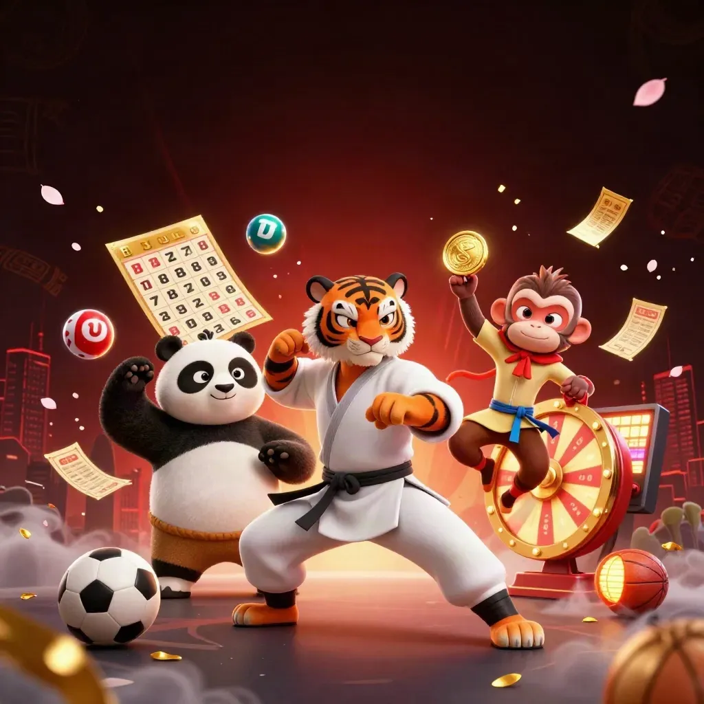 Kung-fu tiger, panda, and monkey amid casino lights, lottery balls, prize wheel, and treasure glow.