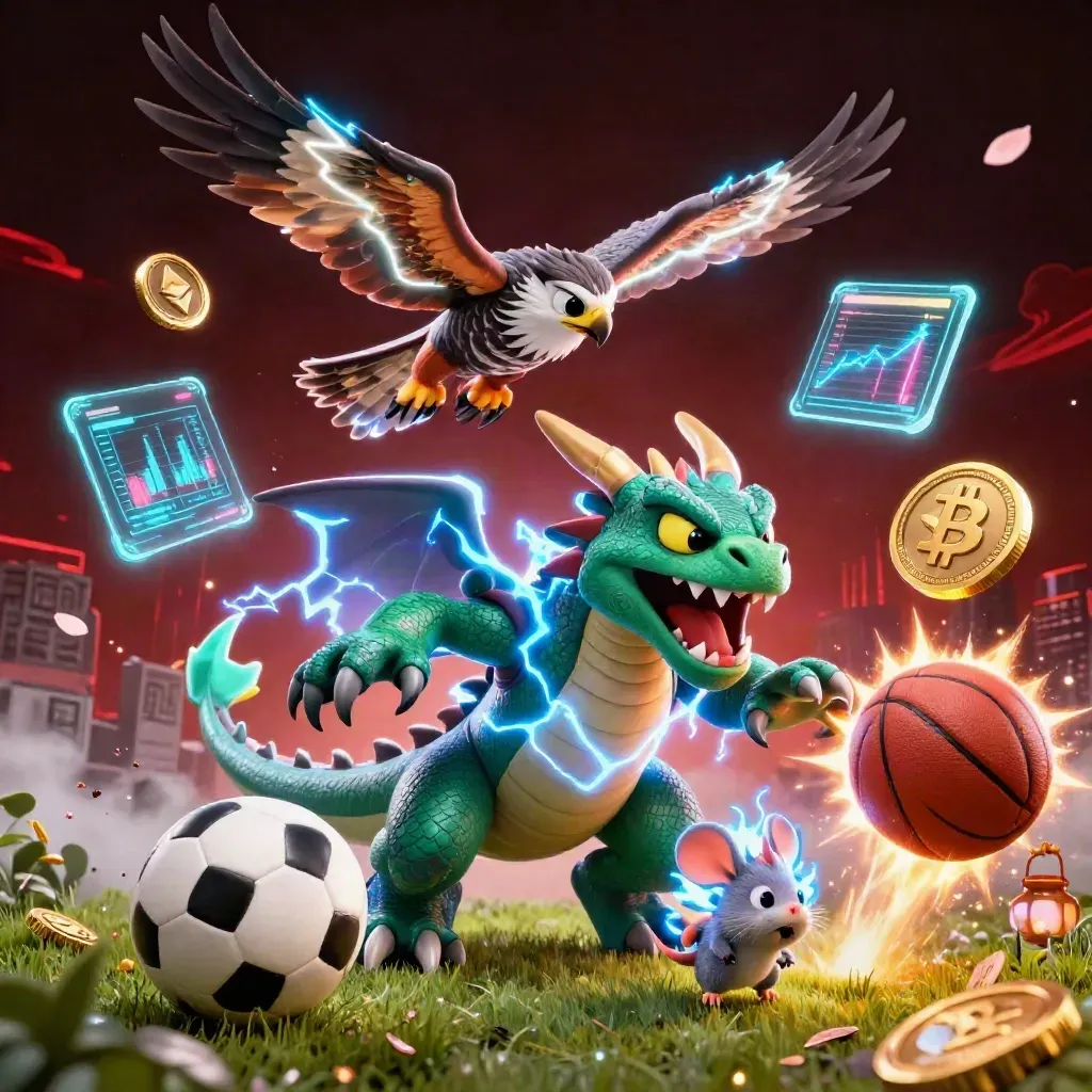 Thunder dragon, hawk and mouse amid coins, balls and neon casino effects on a dark red-black backdrop.