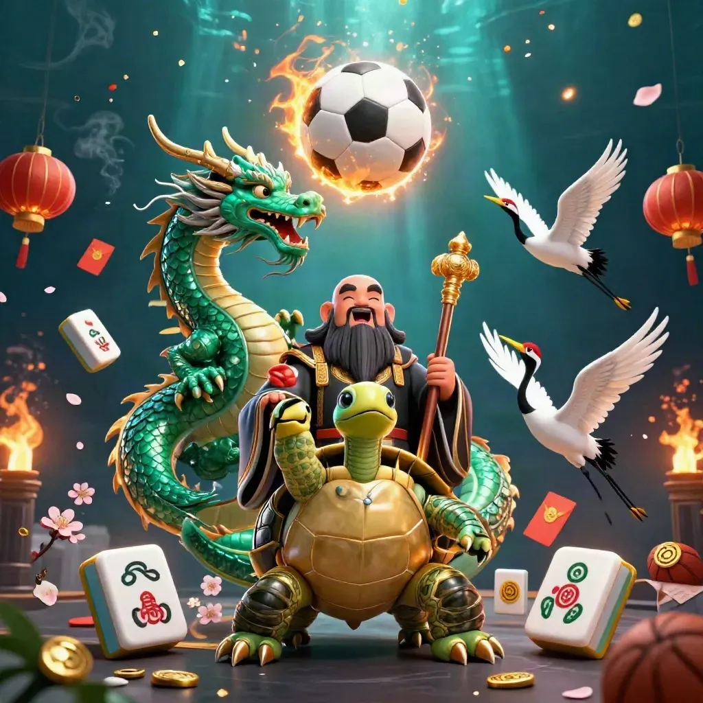 Emerald dragon, turtle sage and cranes amid golden fire, jade coins and a soccer ball.