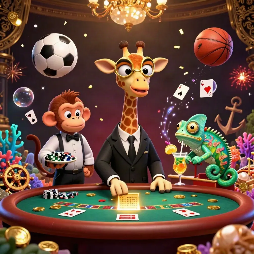 Giraffe, monkey and chameleon amid casino loot, sports balls and gold coins in luxe light