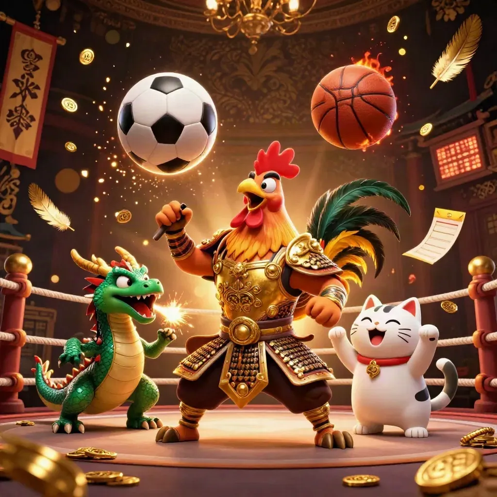 Rooster warrior, dragon hatchling and fortune-cat in a torch-lit ring with coins, sparks and gold light.
