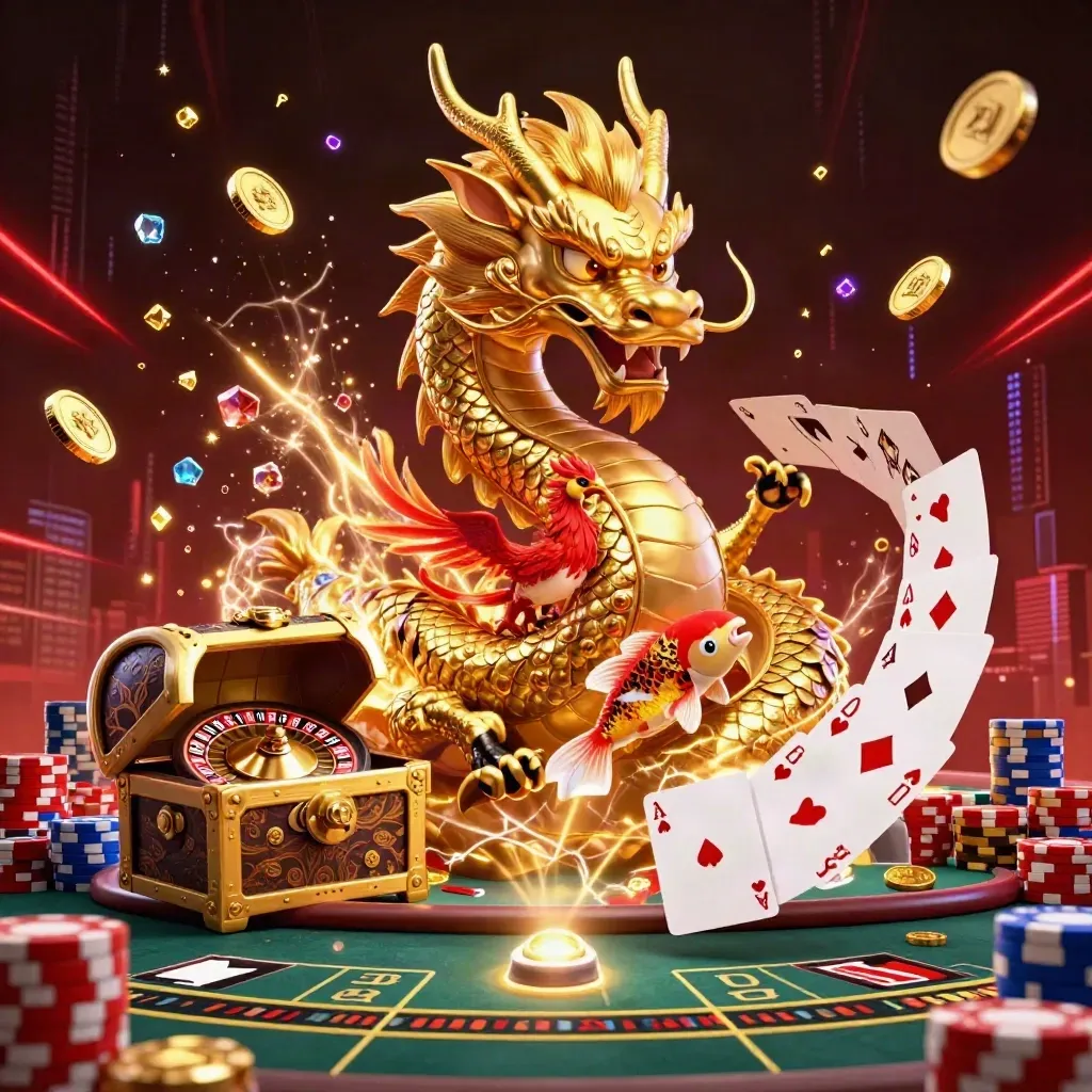 Golden dragon with phoenix and koi in a luxe casino scene with roulette, chips, and coins.