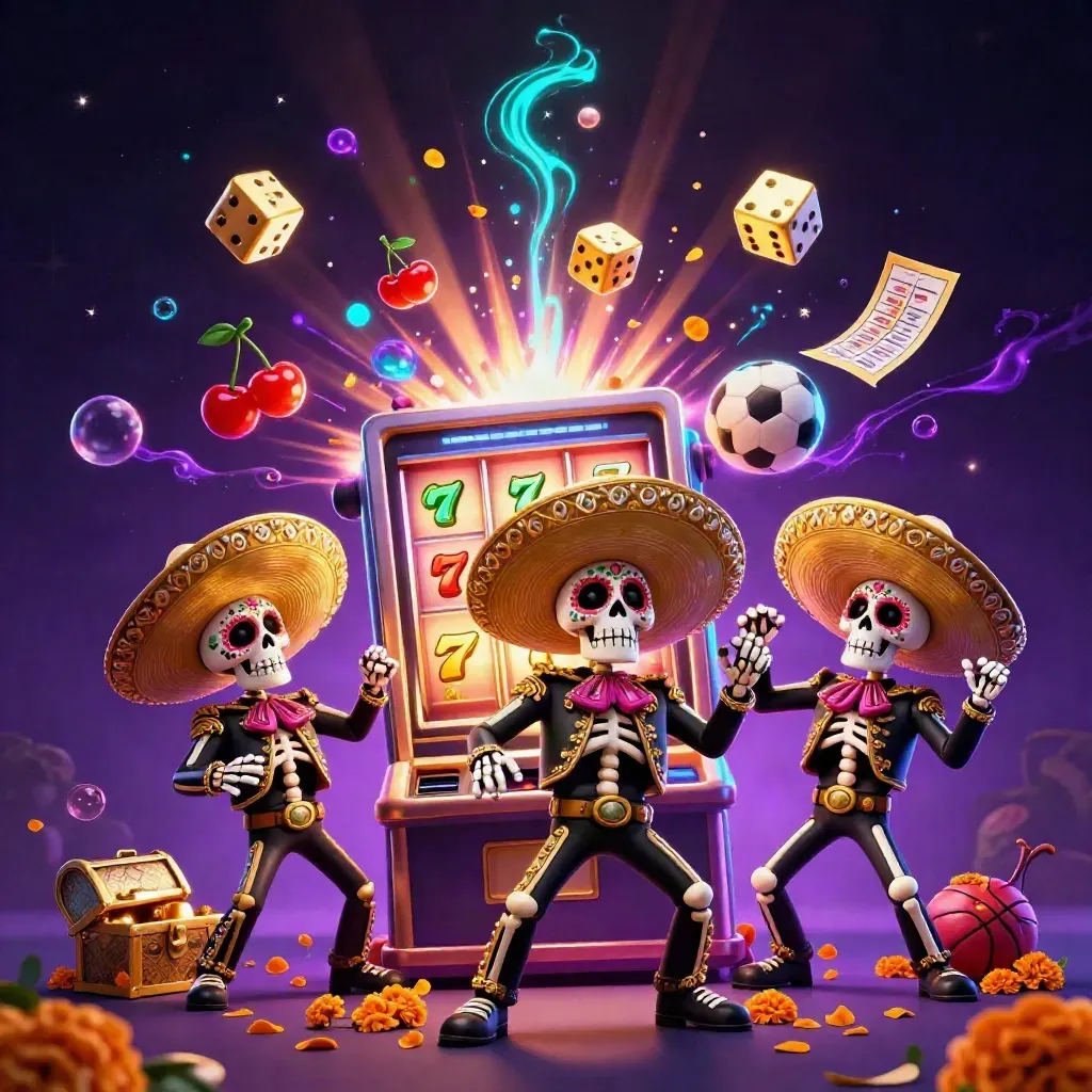 Skeleton mariachi trio amid slot burst, gold dice, soccer ball, and neon casino glow