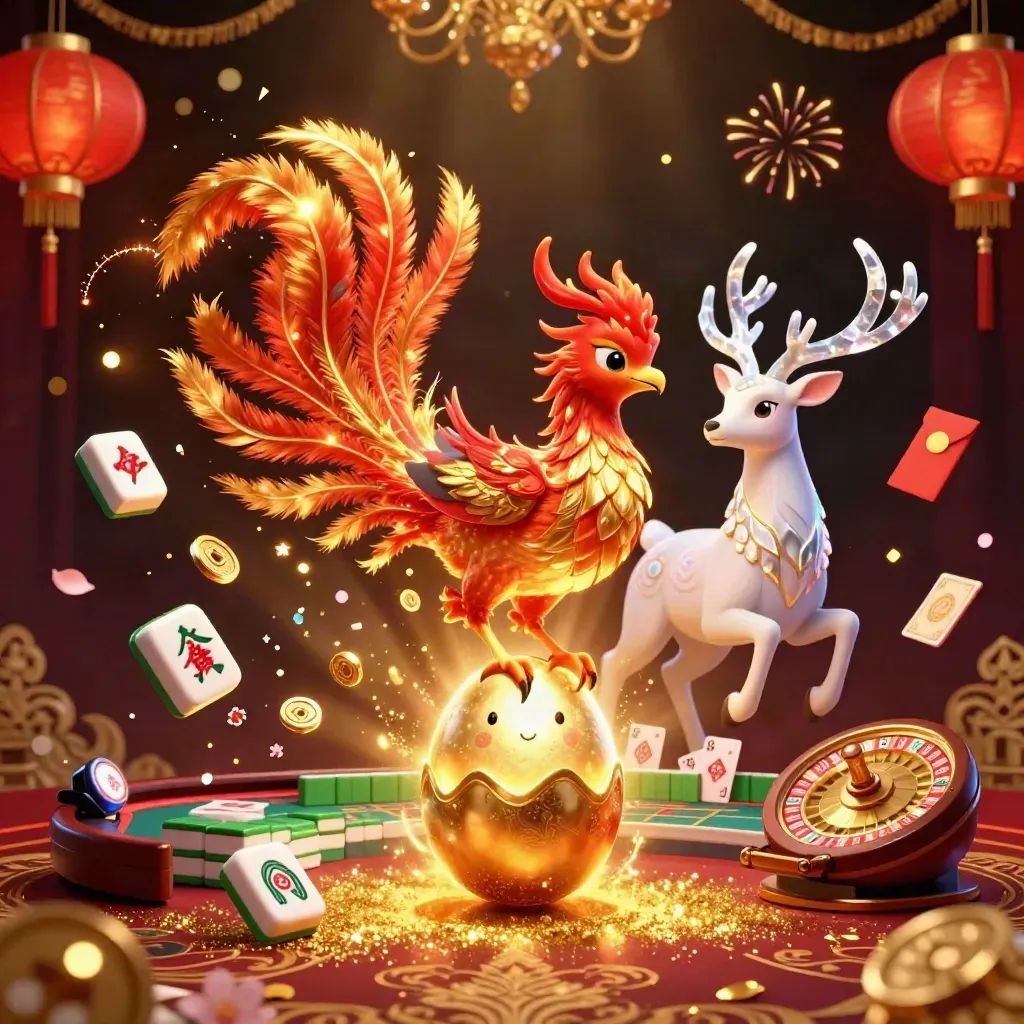 Phoenix, stag, and hatching chick amid casino charms under gold light, burgundy damask backdrop.