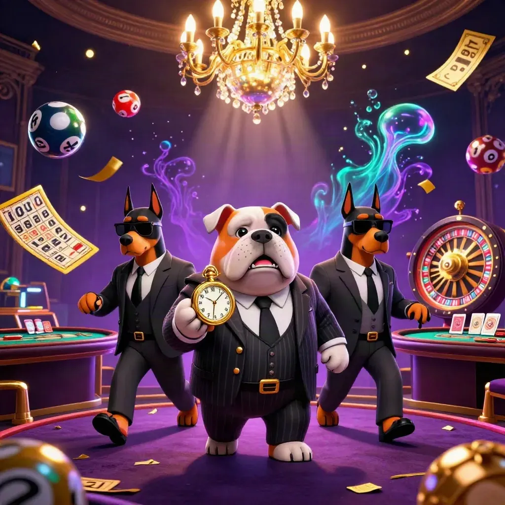 Cartoon bulldog boss and two Dobermans in a luxe casino scene with glowing game props.
