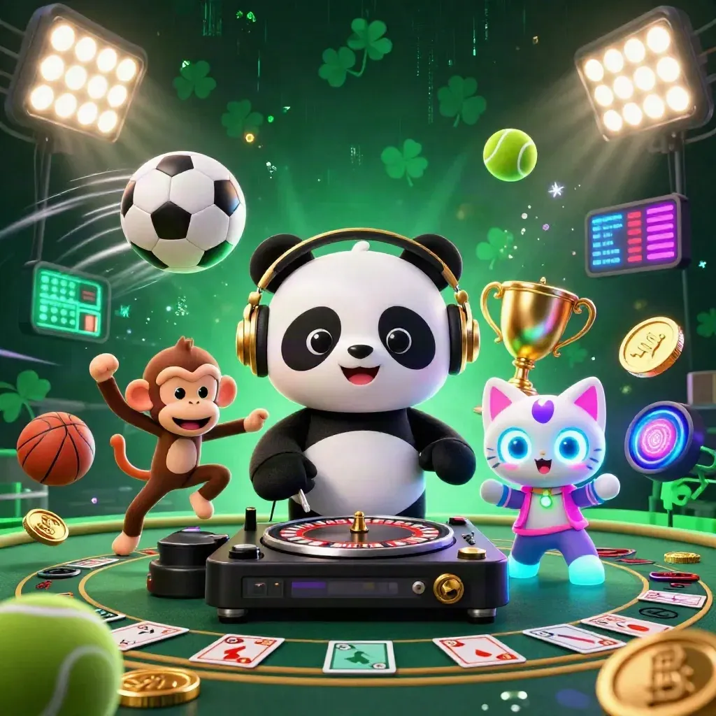 DJ panda, breakdancing monkey, and glow-stick kitten amid casino lights, coins, and sports balls