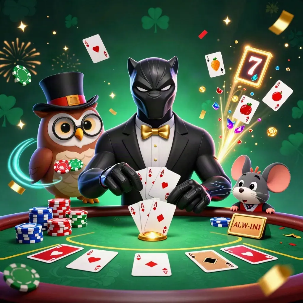 Panther, owl, and mouse in a luxe casino card scene with chips, aces, and neon effects