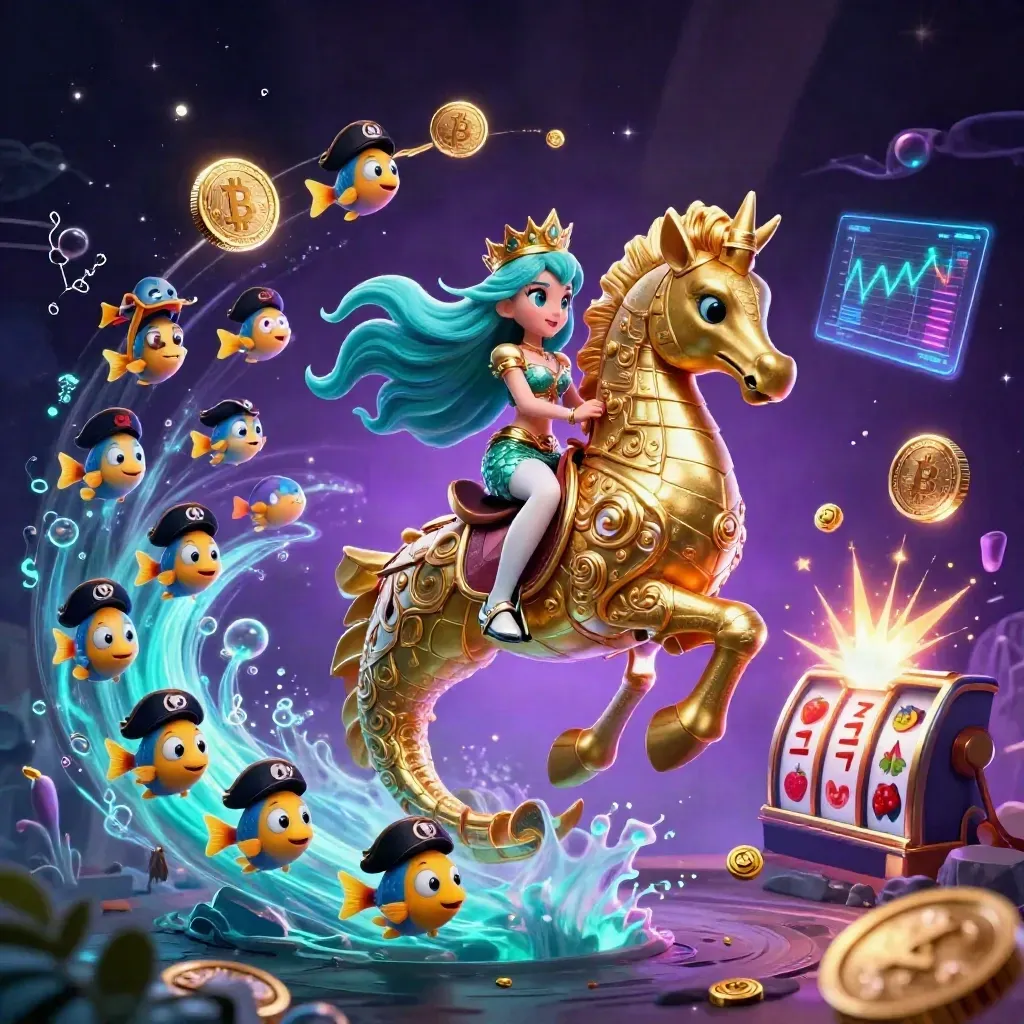 Mermaid princess on an armored seahorse amid coins, fish, magic glow, and casino icons.