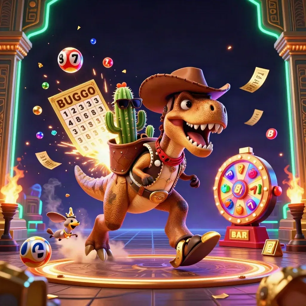 Cowboy T-Rex trio blasting treasure, bingo, wheels, and neon casino effects on a dark futuristic backdrop
