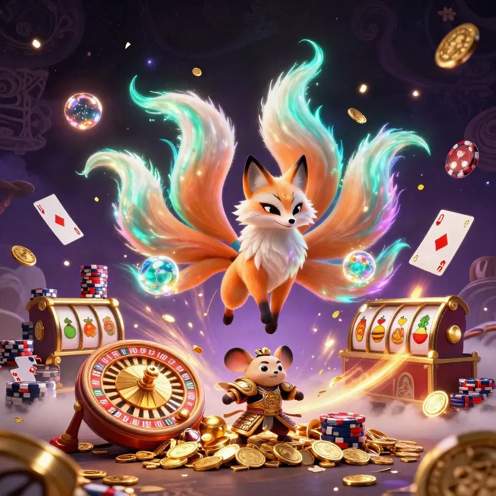 Nine-tailed fox spirit and armored mouse amid casino treasure, glowing emerald and gold, in a dark neon vortex