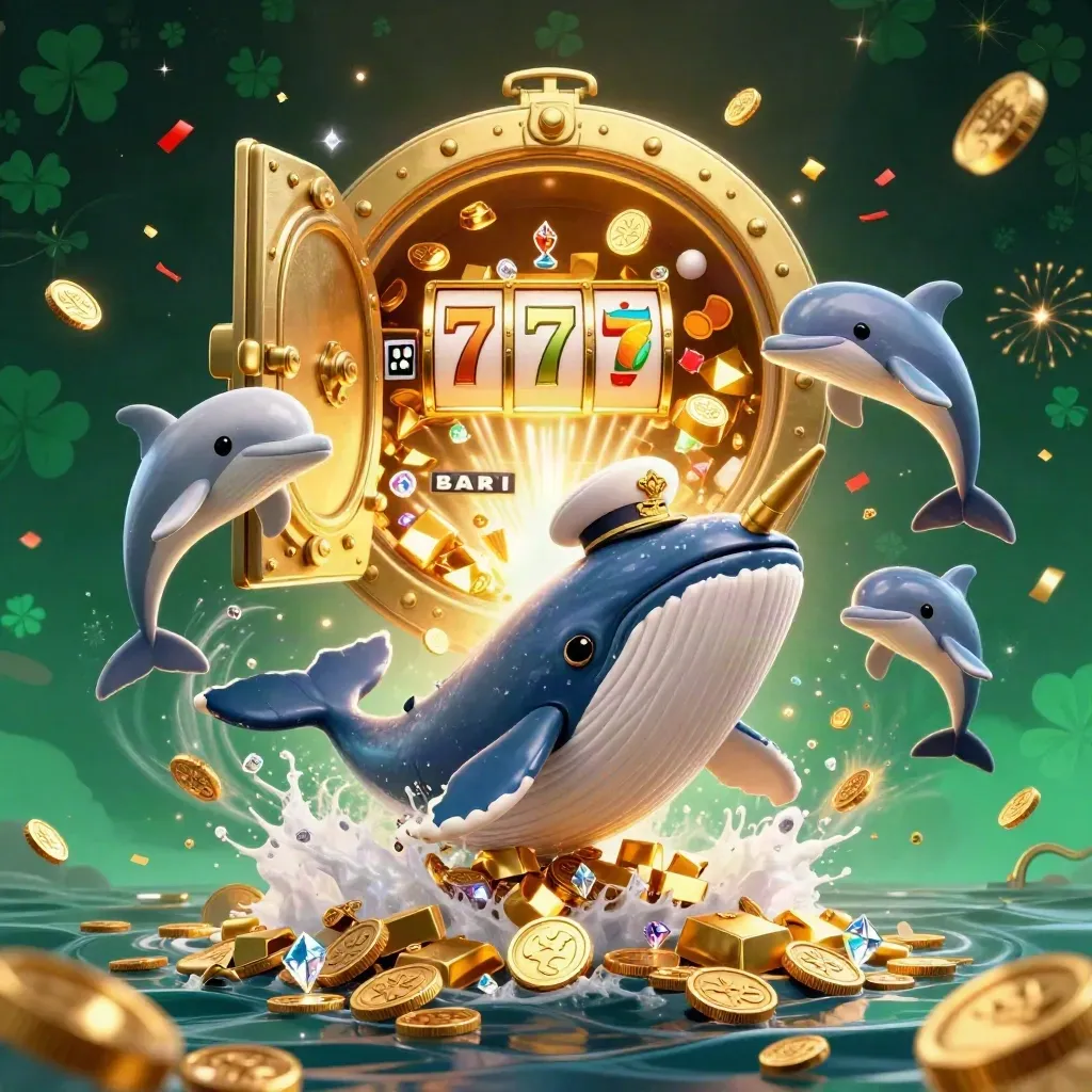 Whale captain, narwhal, dolphins, treasure vault, casino gems in emerald gold splash art