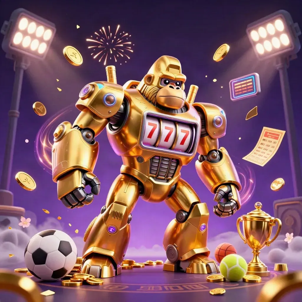 Golden gorilla mech with monkey pilot amid coins, sports balls, trophy and fireworks in purple gloom
