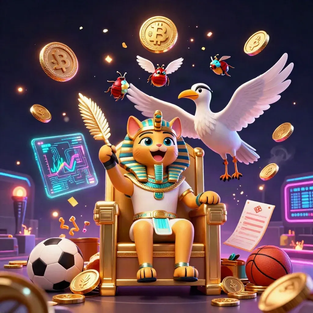 Pharaoh cat, ibis scribe, scarabs, crypto coins, and casino symbols bursting with gold light.