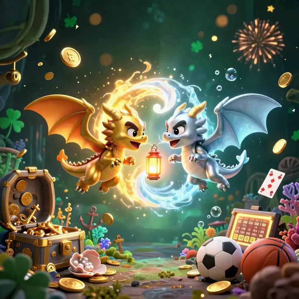 Twin gold and silver dragons in a treasure cove with coins, cards, sports items, and glowing effects.