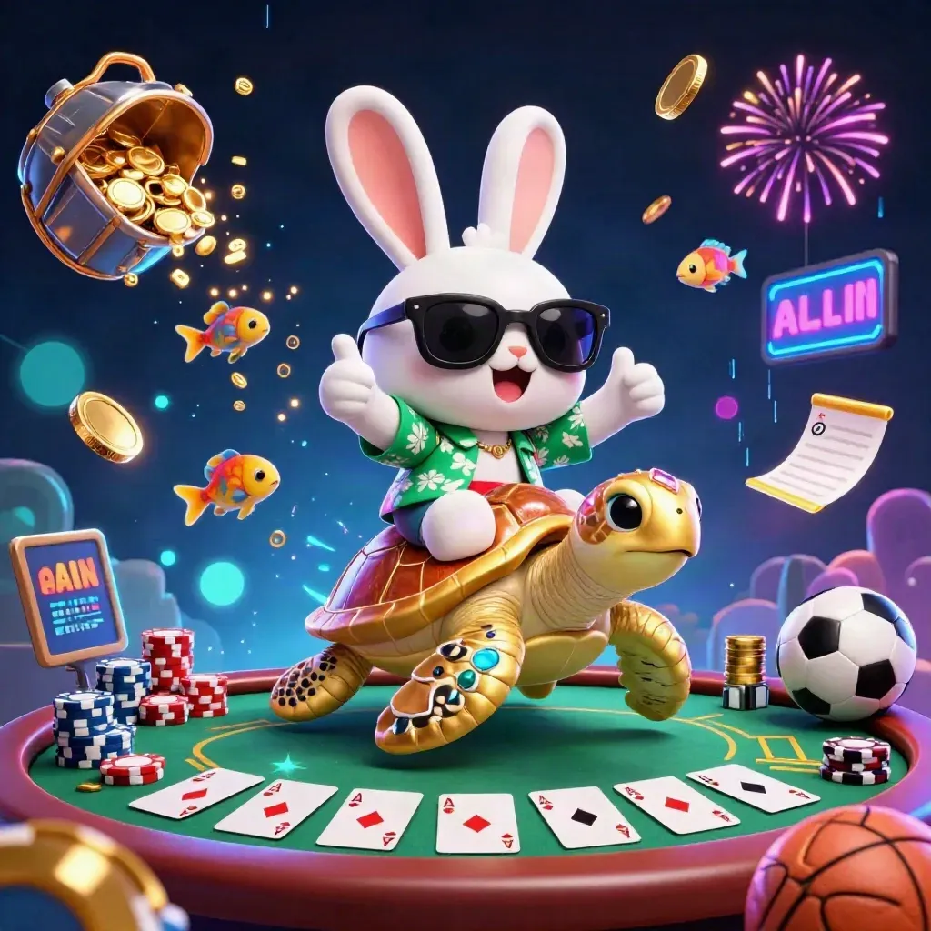 Lucky rabbit on golden sea turtle amid chips, cards, fireworks, and neon casino energy.