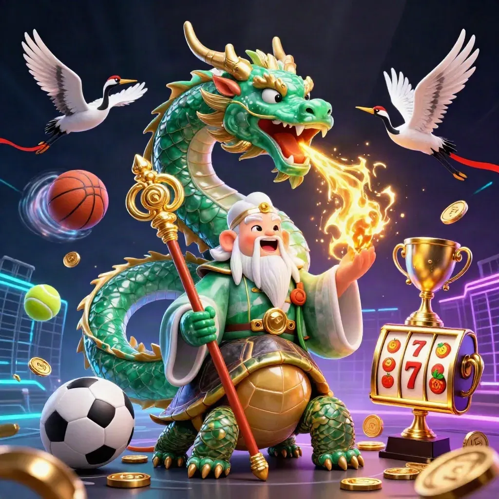 Emerald dragon with turtle sage and cranes amid casino reels, balls, trophy, coins, and neon glow.