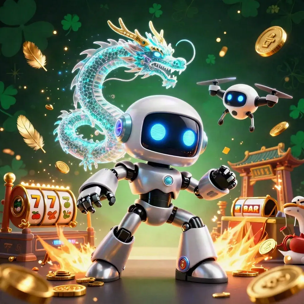 Robot, holographic dragon, and coin drone amid casino relics and gold effects