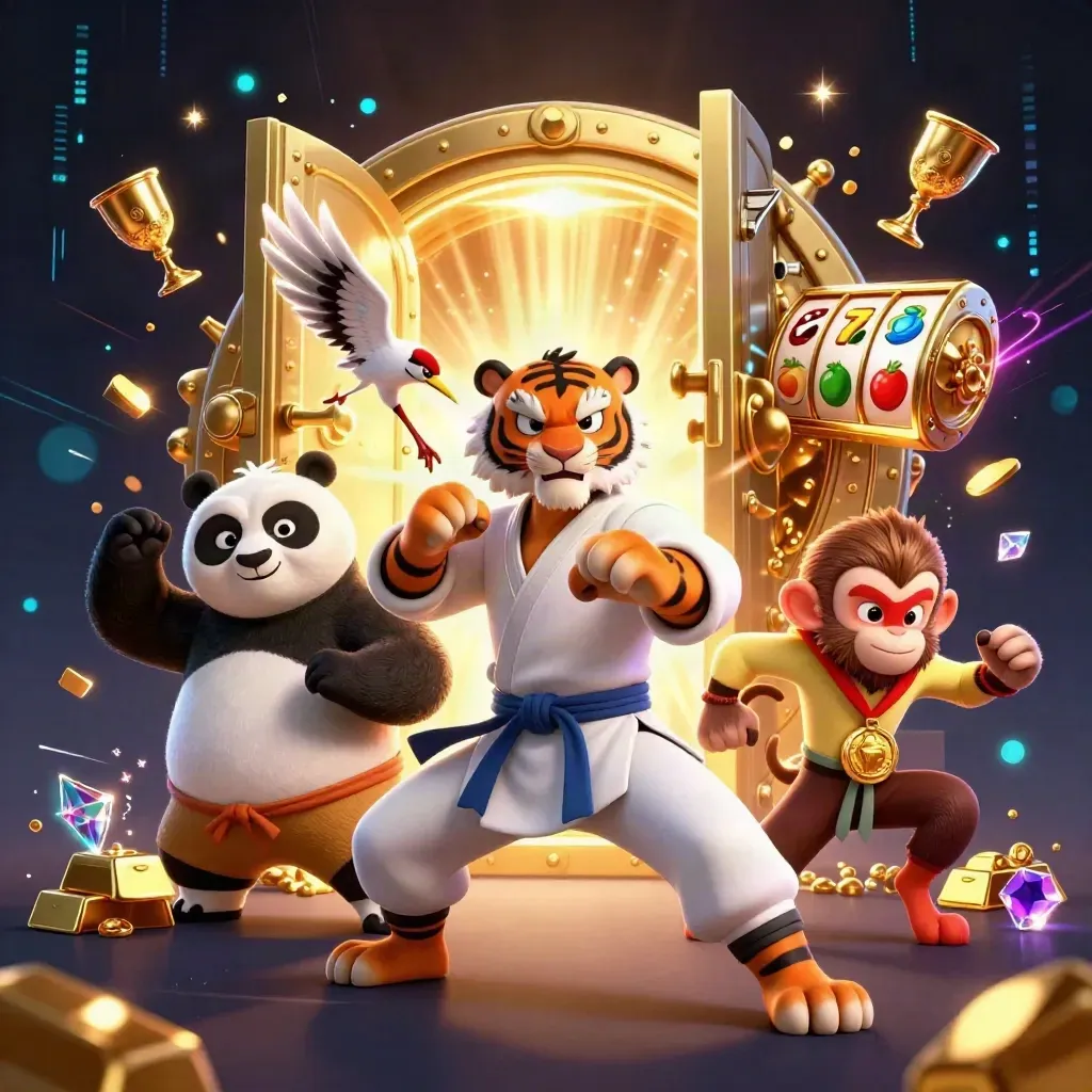Kung-fu tiger, panda, and monkey amid a golden vault blast with casino reels and neon sparks.