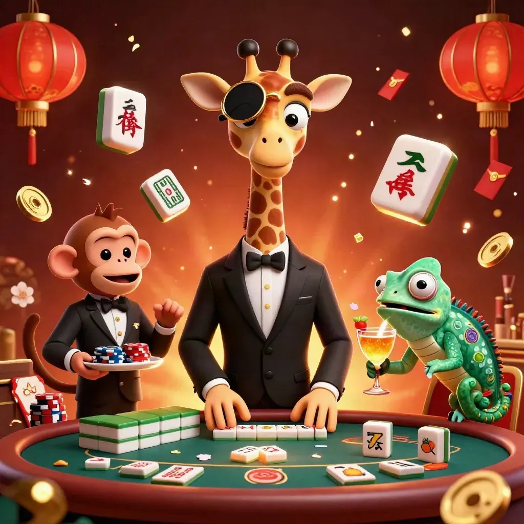 Giraffe, monkey, and chameleon at a glowing VIP casino table with gold sparks and game icons.