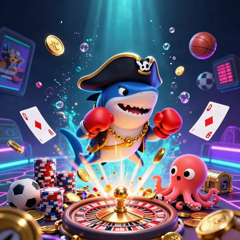 Pirate shark, boxing pufferfish, and juggling octopus amid coins, gems, cards, neon glow.