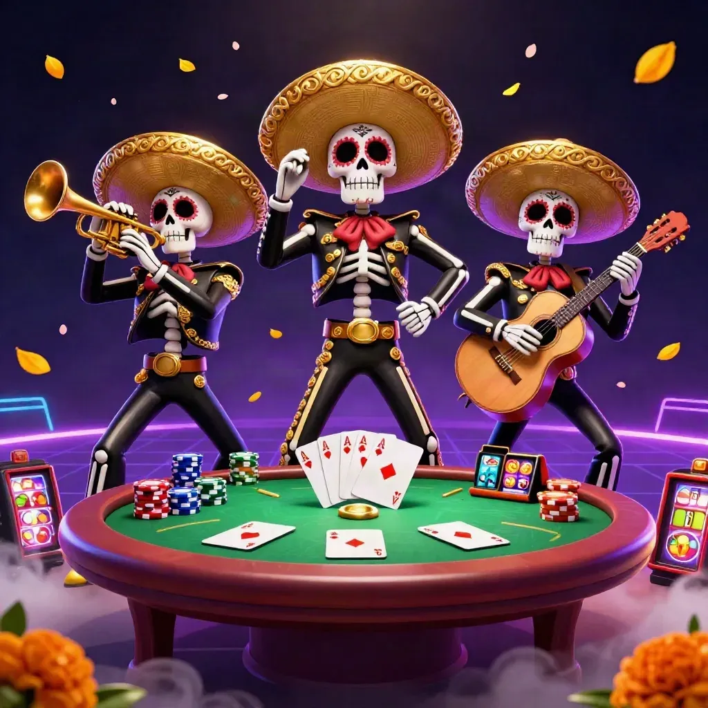 Day-of-the-Dead skeleton mariachi trio amid poker chips, cards, reels and neon casino glow