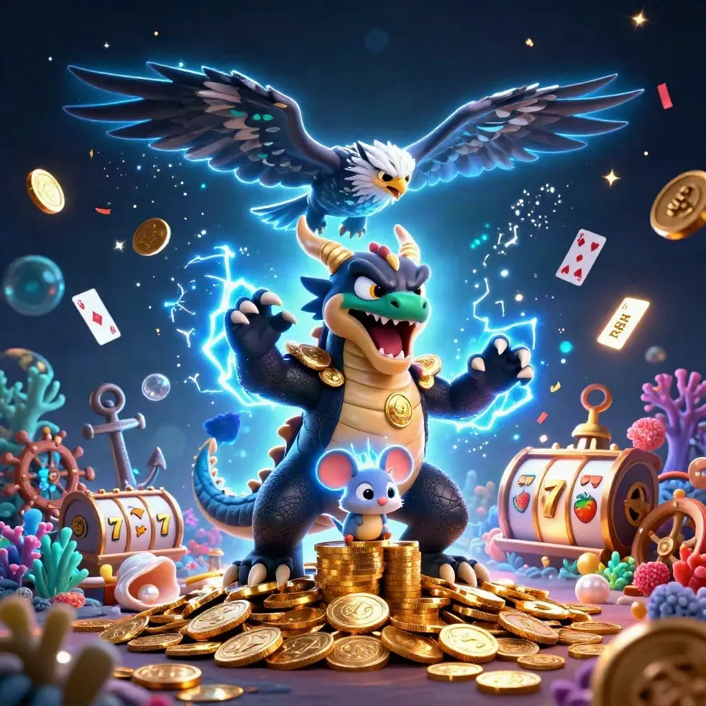 Thunder dragon, glowing hawk, and static mouse amid casino treasure, reels, and blue lightning.