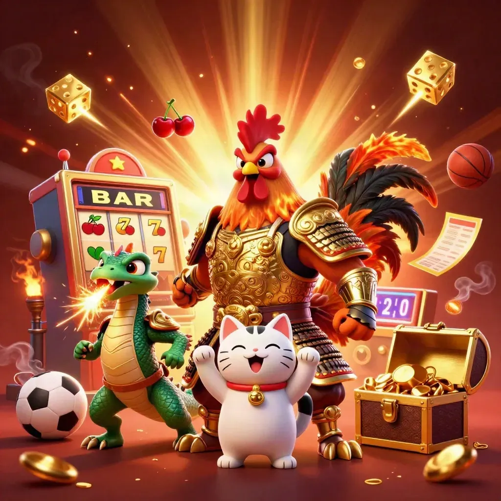 Rooster warrior, dragon hatchling and fortune cat amid casino sparks, dice and slot symbols.