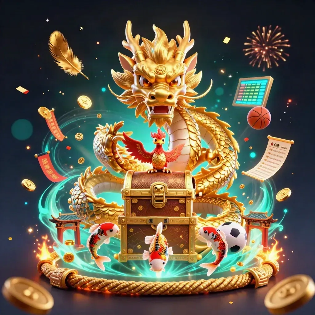 Golden dragon, phoenix and koi around treasure chest with casino sparks on a dark neon background.