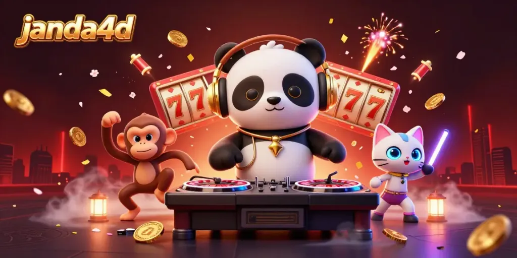 Gambarkan suasana ceria di janda4d dengan DJ panda dan karakter unik lainnya bermain di kasino.