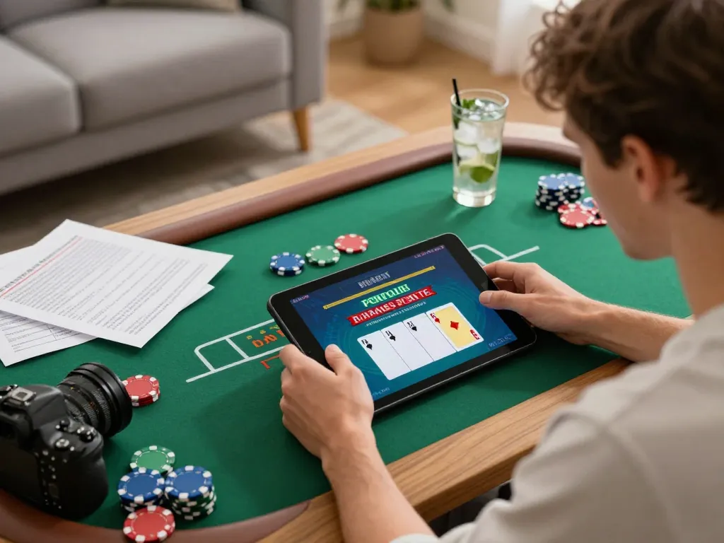 Player engaging in online poker at home, featuring 888NEW app on tablet, surrounded by strategy notes.