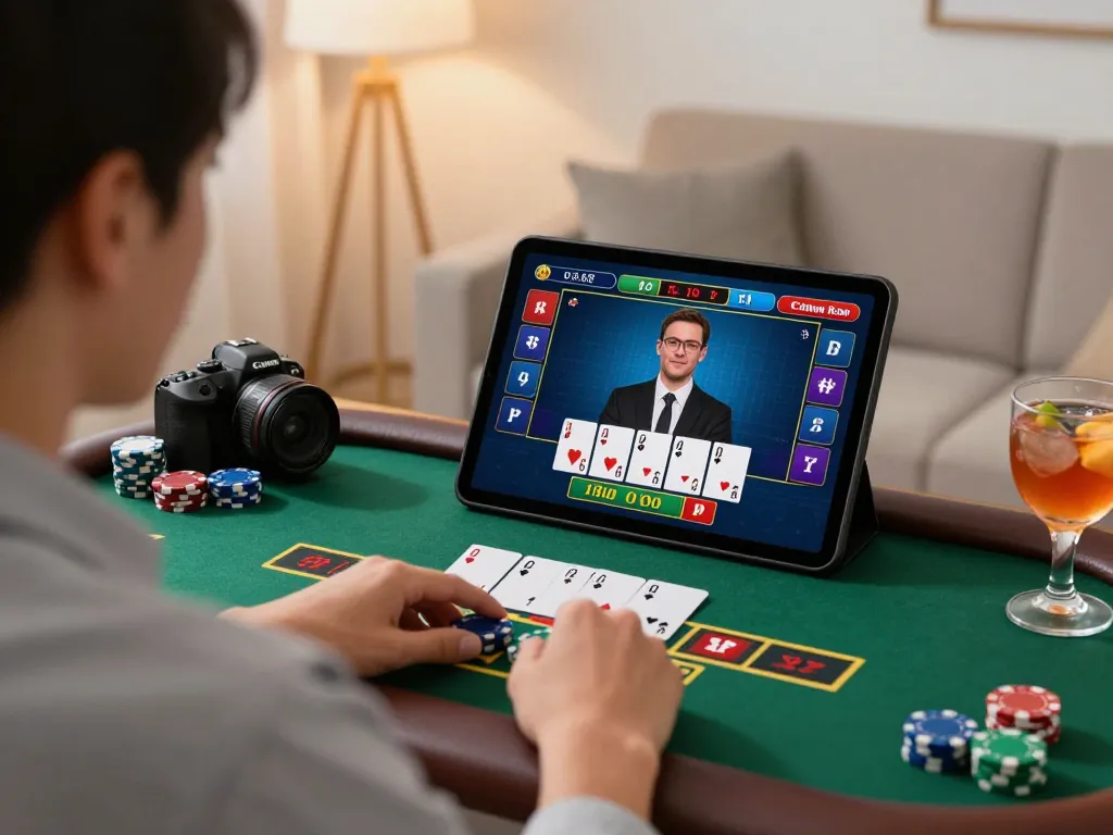 Player enjoying live dealer blackjack on a tablet at home, emphasizing Da88 gaming experience with strategic gameplay.