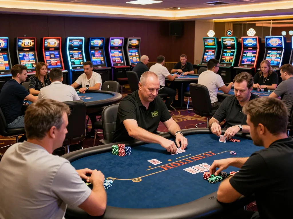 Players enjoying strategic poker games at F168 casino with vibrant atmosphere and engaging dealers.