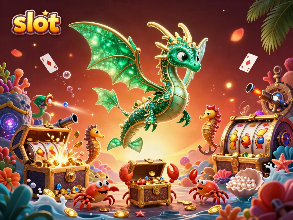 Celebrate exciting slot action with a vibrant underwater illustration featuring a dragon guardian.