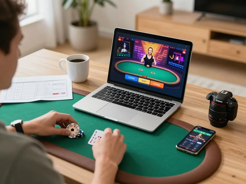 Engaged player strategies on tr88 gaming app with laptop and notes.