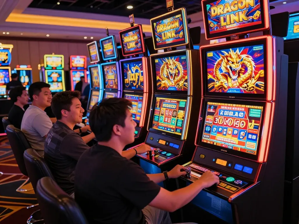 Pemain menikmati mesin link slot yang ramai dalam suasana kasino di Las Vegas.